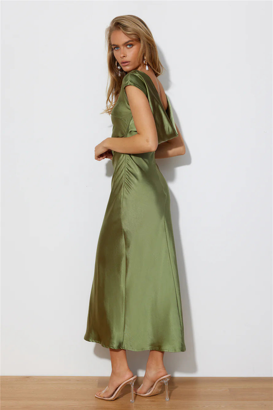 Satin Cap Sleeve Cowl Back Midi Dress