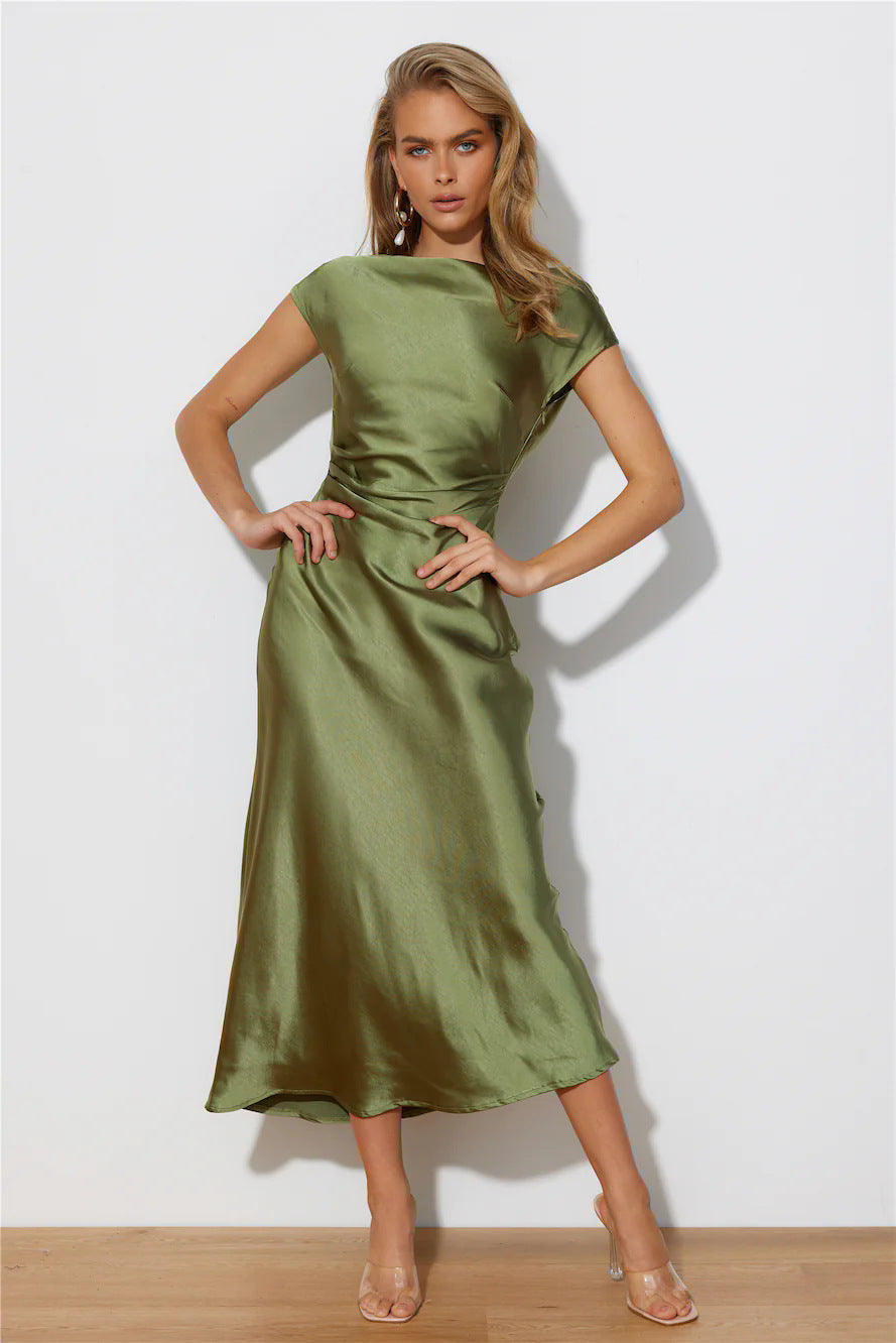 Satin Cap Sleeve Cowl Back Midi Dress - Green