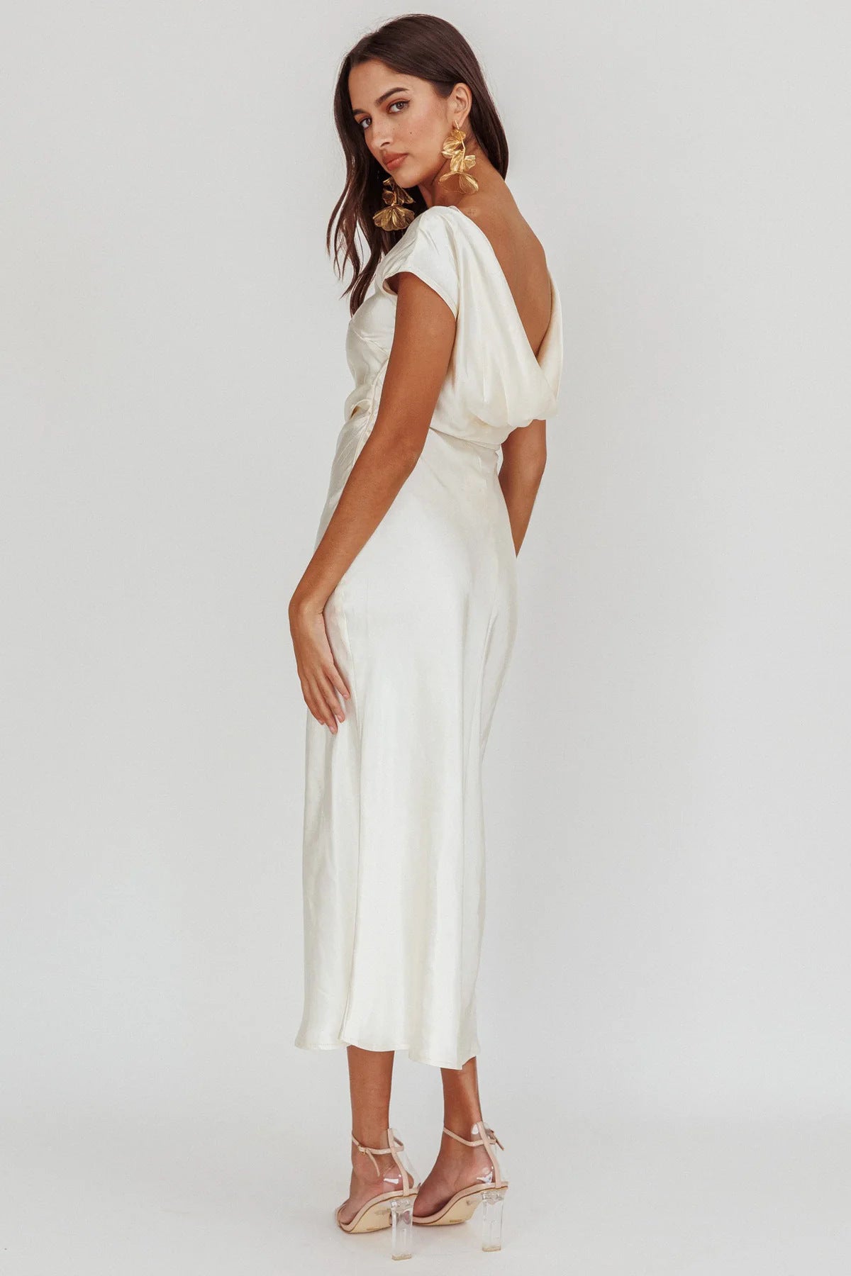 Satin Cap Sleeve Cowl Back Midi Dress