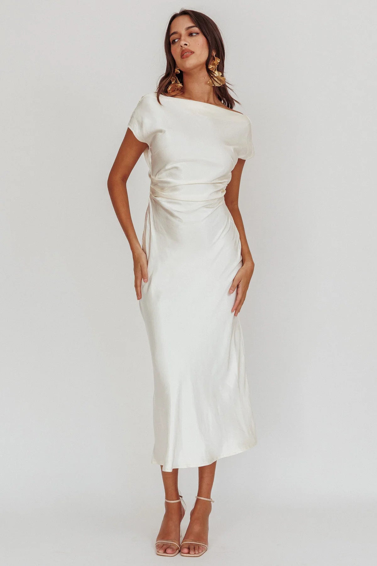 Satin Cap Sleeve Cowl Back Midi Dress - White