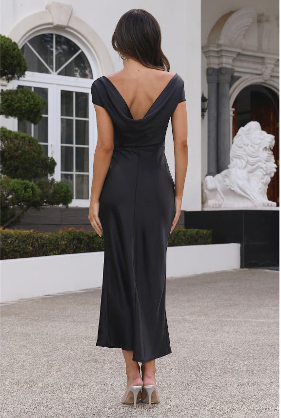 Satin Cap Sleeve Cowl Back Midi Dress