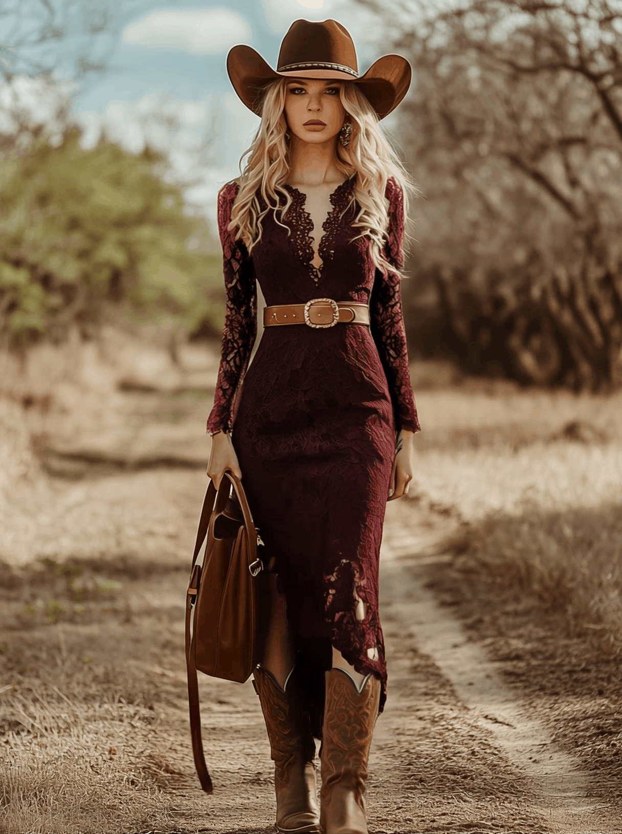 Long-Sleeve V-Neck Lace Midi Dress With Belt