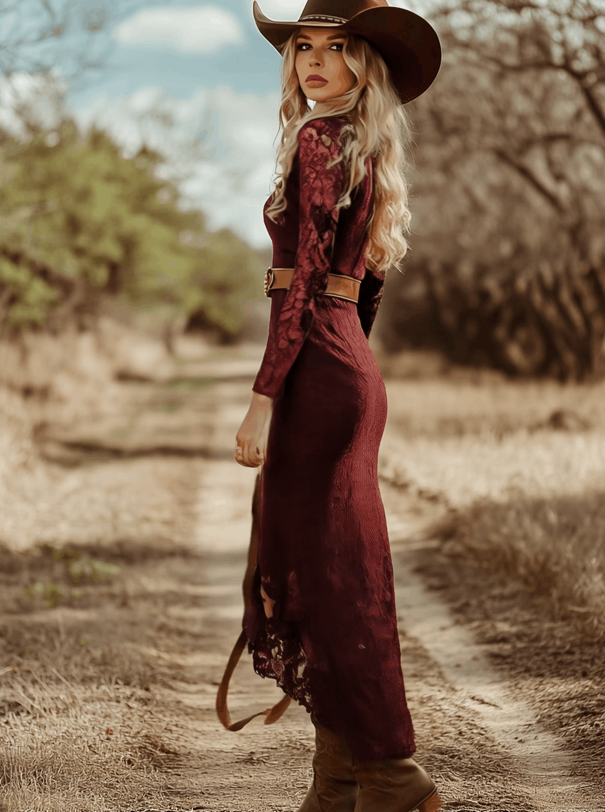 Long-Sleeve V-Neck Lace Midi Dress With Belt
