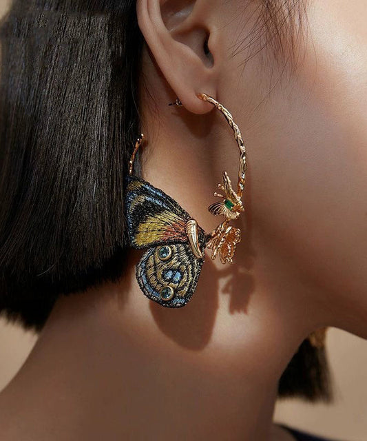 Embroidered Butterfly Statement Gold-Tone Hoop Earrings