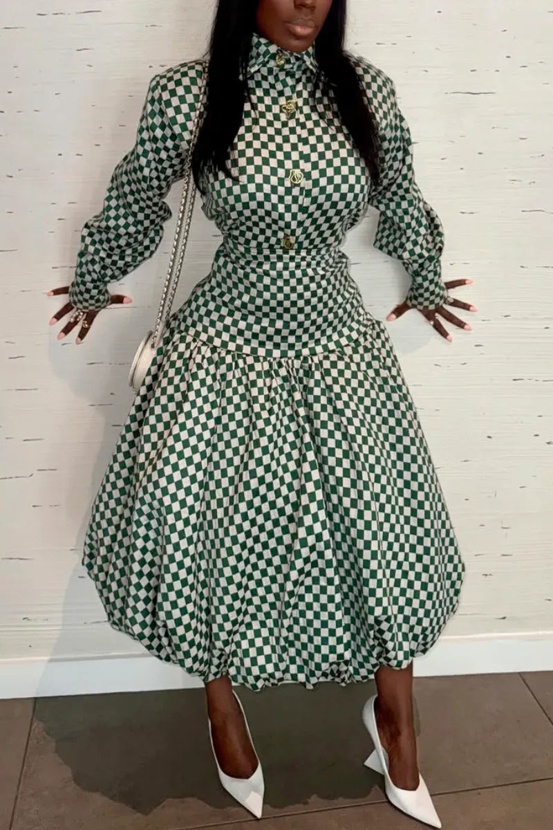 Collared Long-Sleeve Plaid Midi Dress With Bubble Hem