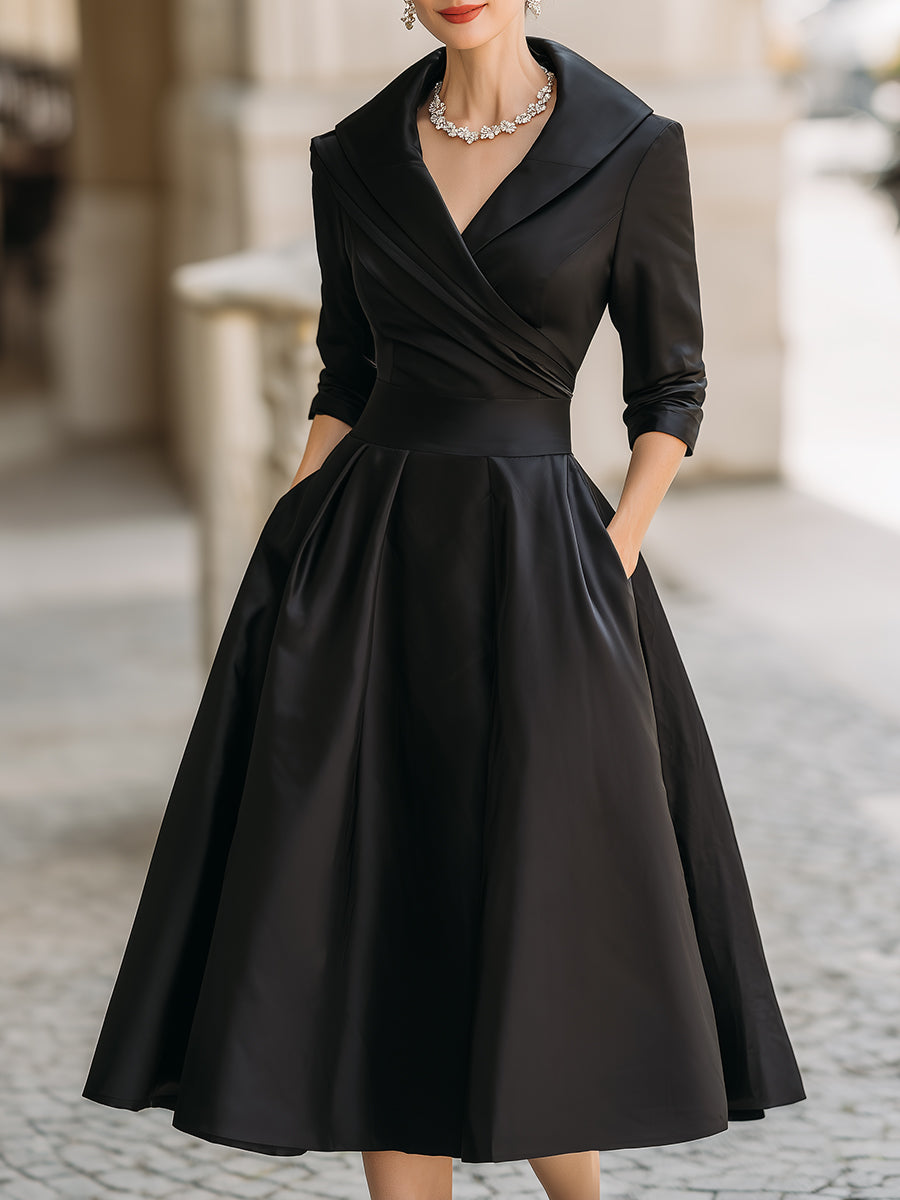 Satin Shawl Collar A-Line Midi Dress With Pockets - Black