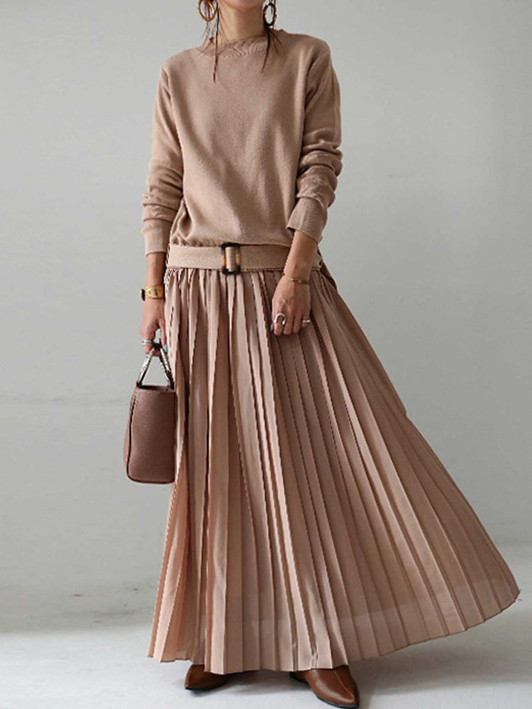 Knit Bodice Pleated Maxi Dress With Belt