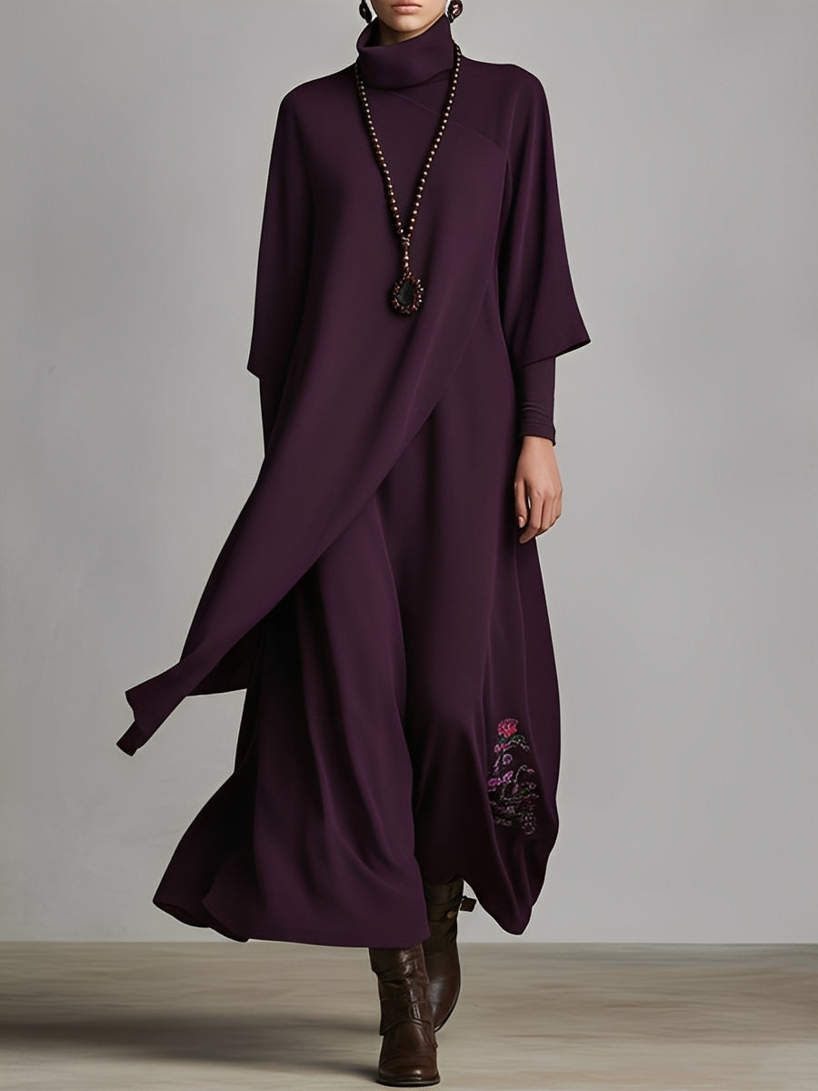 Draped Turtleneck Long Sleeve Jersey Maxi Dress - Plum