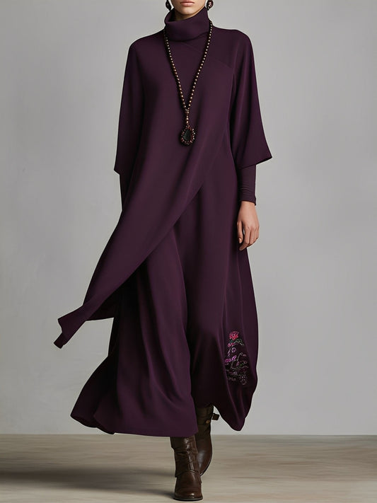 Draped Turtleneck Long Sleeve Jersey Maxi Dress - Plum