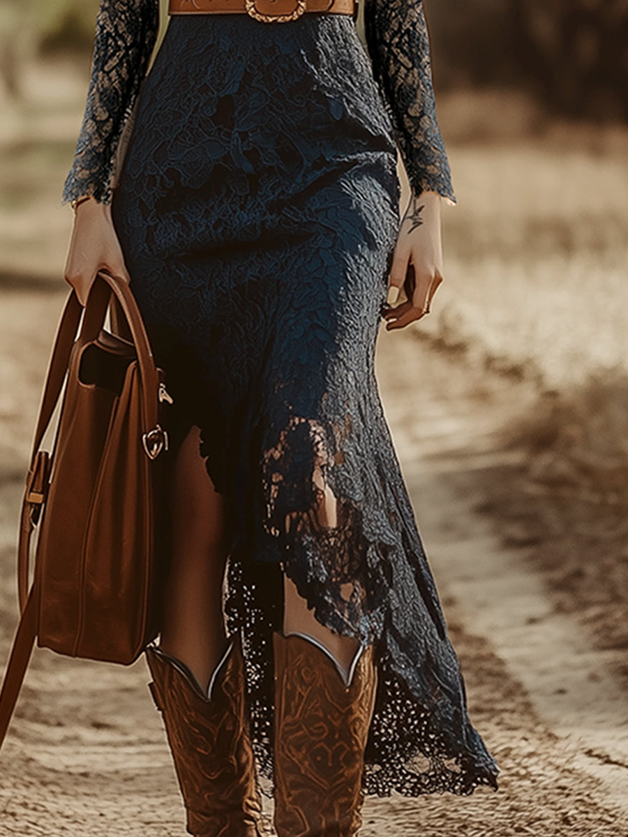 Long-Sleeve V-Neck Lace Midi Dress With Belt