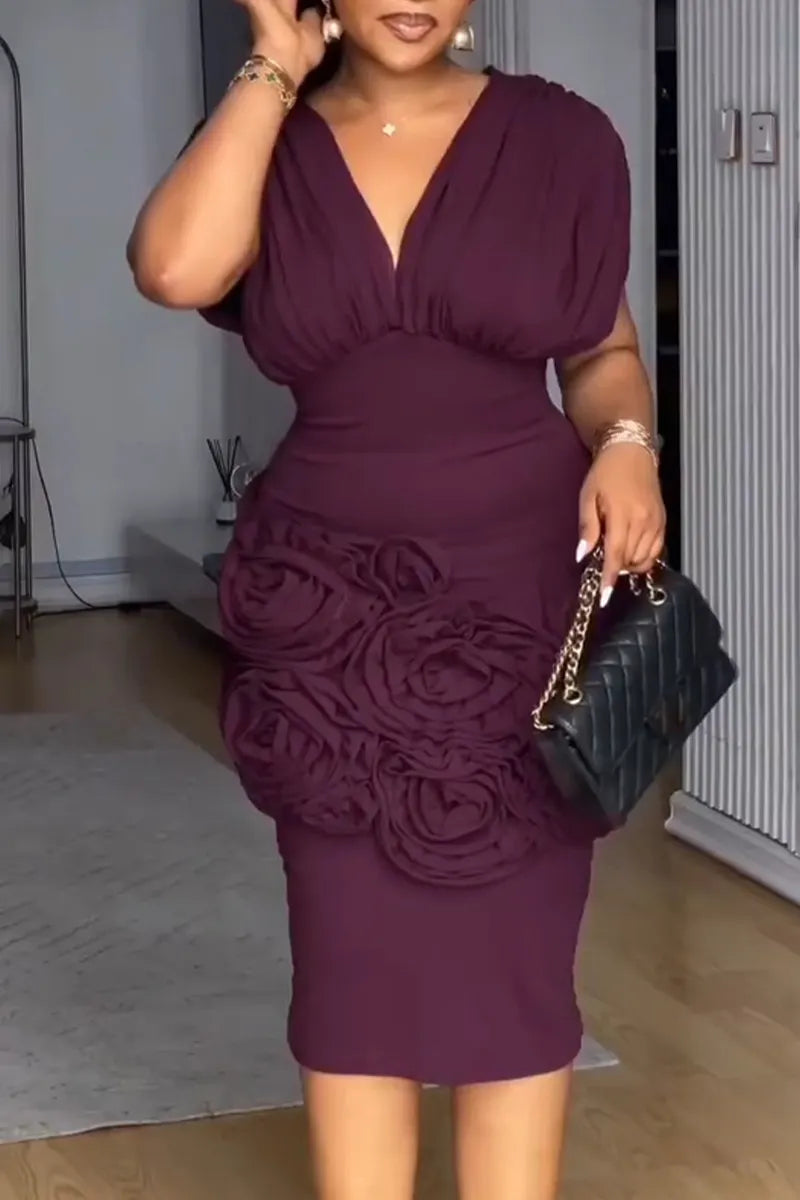 V-Neck 3D Rosette Cinched Waist Midi Dress