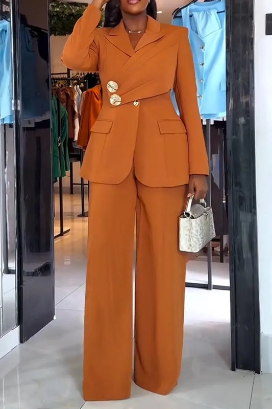 Asymmetric Wrap Blazer and Wide Leg Pants Suit - Khaki