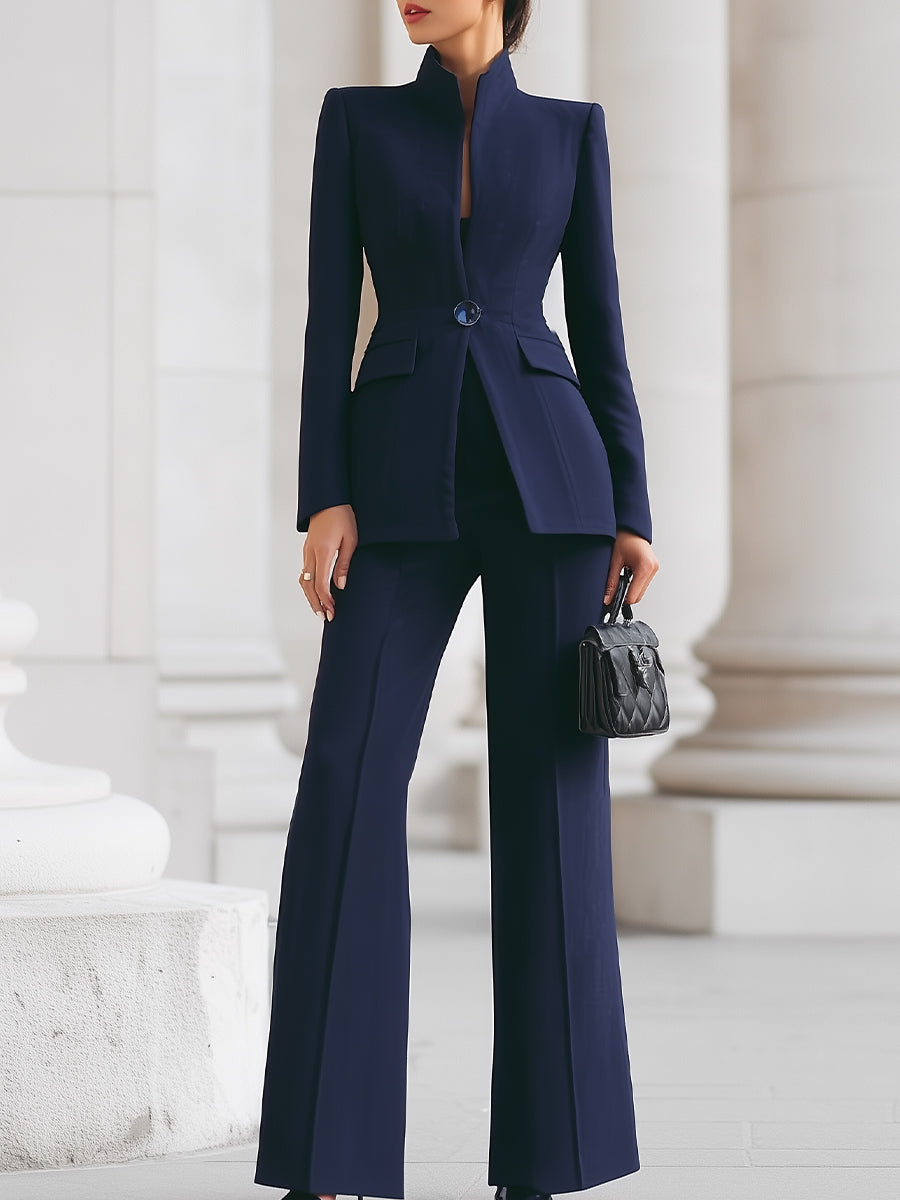 Stand Collar Blazer and Wide Leg Trouser Suit Set - Navy