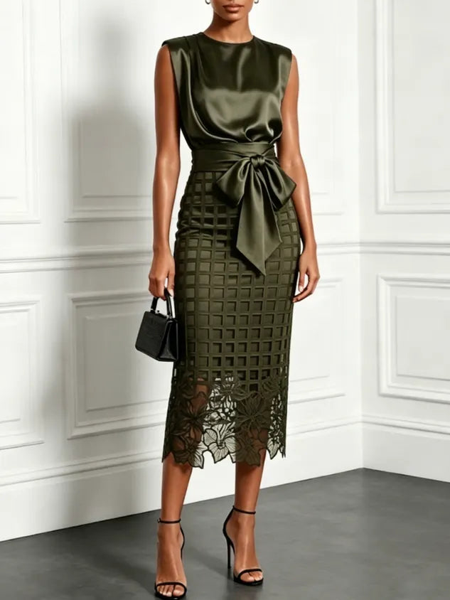 Sleeveless Satin Top And Lace Midi Pencil Skirt Set - Dark Green
