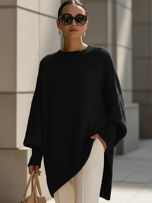 Crew Neck Batwing Poncho Sweater - Black
