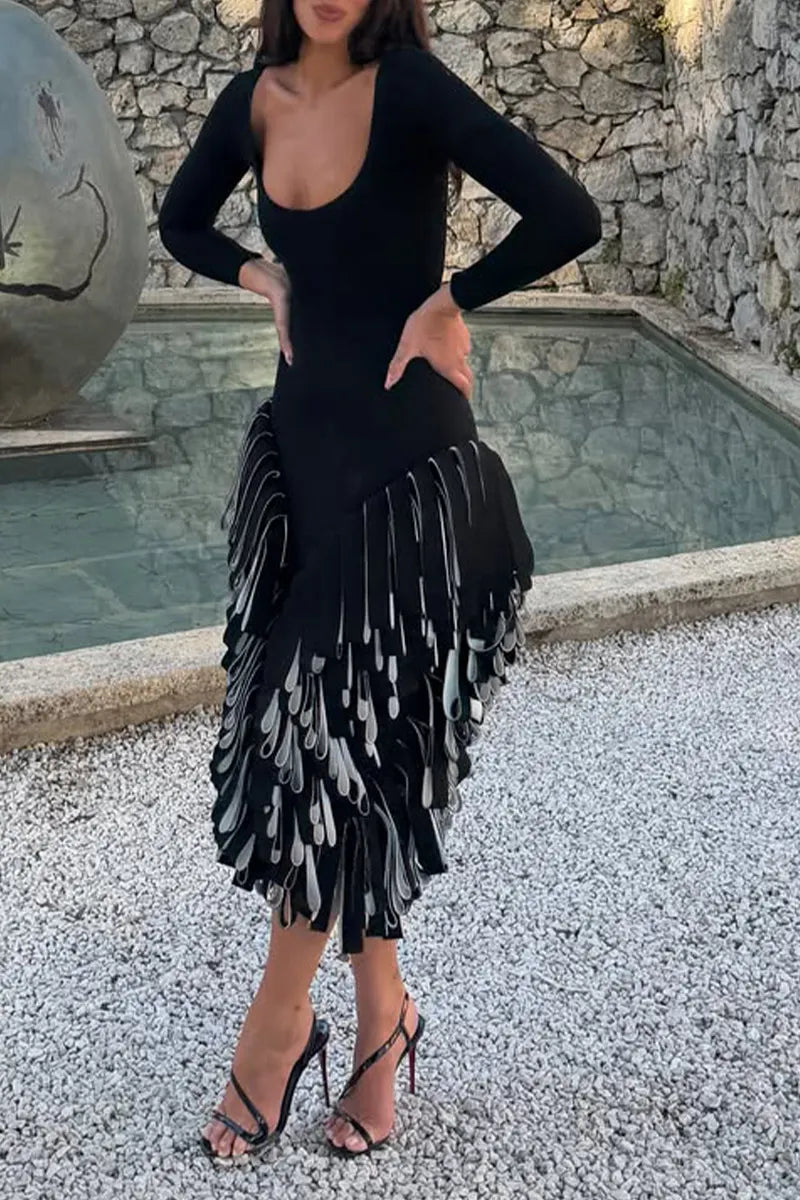 Long Sleeve Square Neck Fringe Midi Party Dress