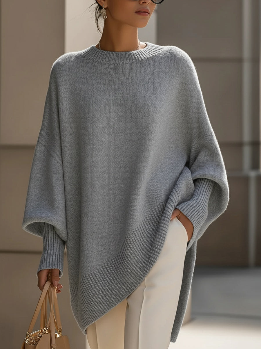 Crew Neck Batwing Poncho Sweater - Grey