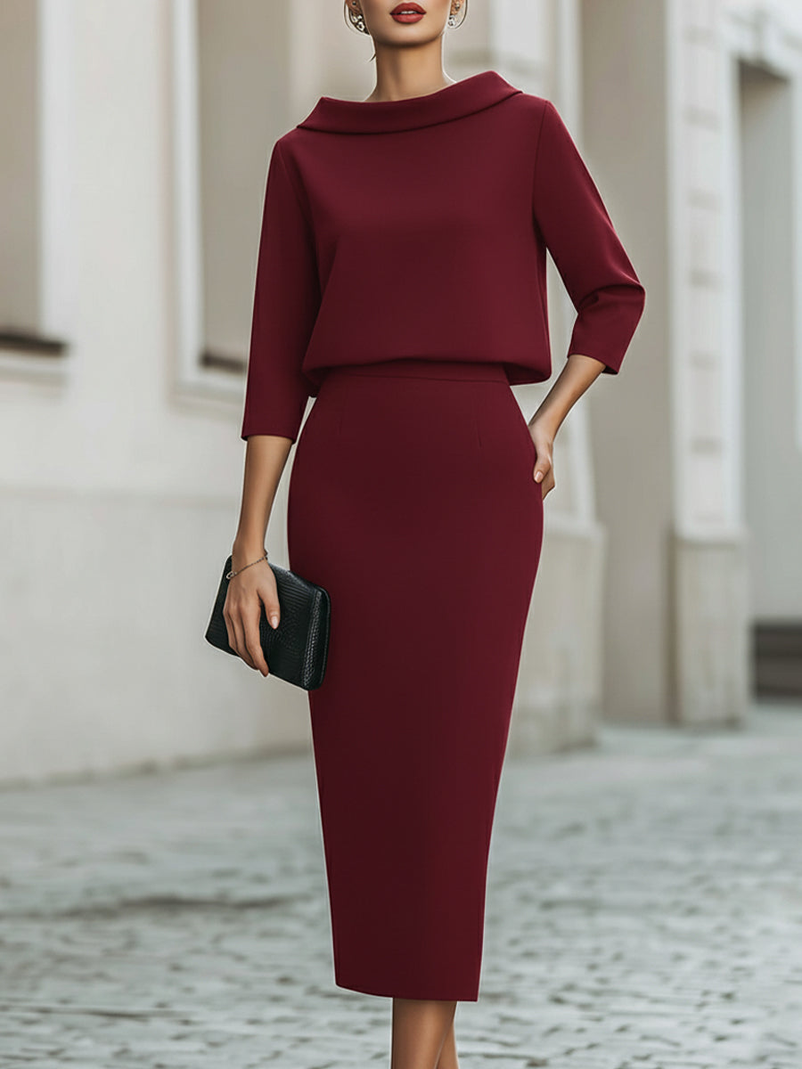 Knit Boat Neck Top and High-Waist Pencil Skirt Set - Burgundy