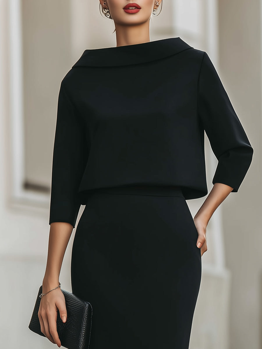 Knit Boat Neck Top and High-Waist Pencil Skirt Set
