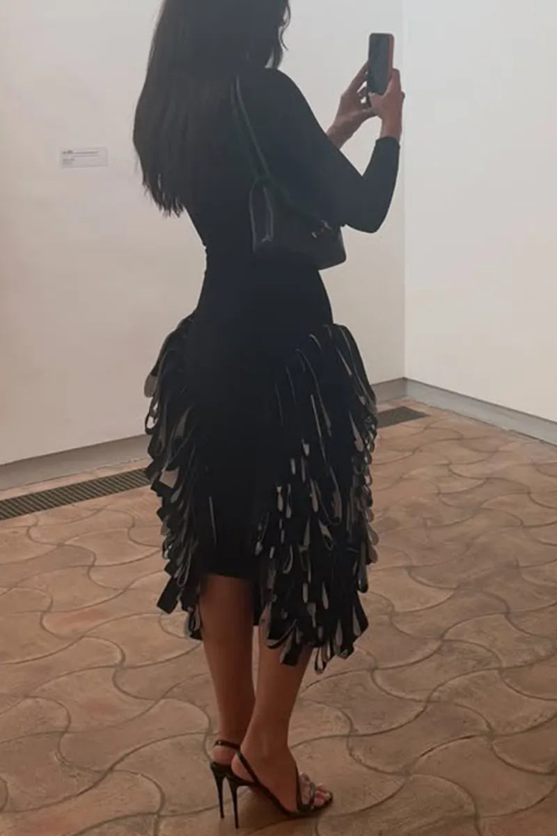 Long Sleeve Square Neck Fringe Midi Party Dress