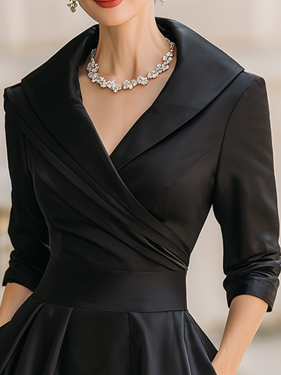 Satin Shawl Collar A-Line Midi Dress With Pockets