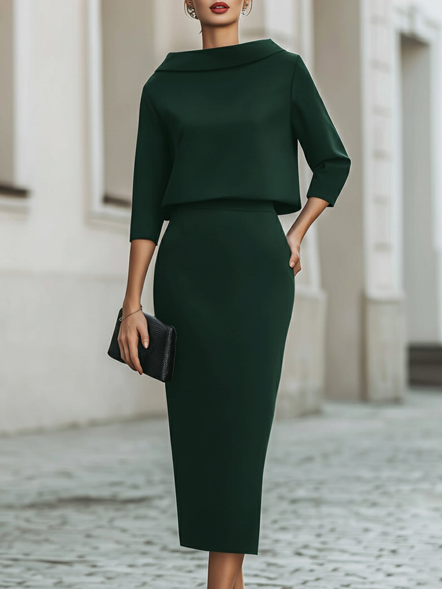 Knit Boat Neck Top and High-Waist Pencil Skirt Set - Emerald