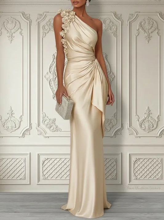 One-Shoulder Ruched Satin Column Maxi Evening Dress - Champagne