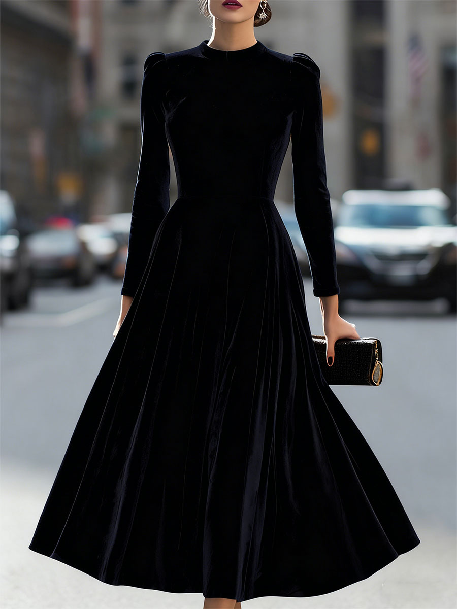 Long Sleeve Velvet A-Line Midi Dress With Puff Shoulders - Black