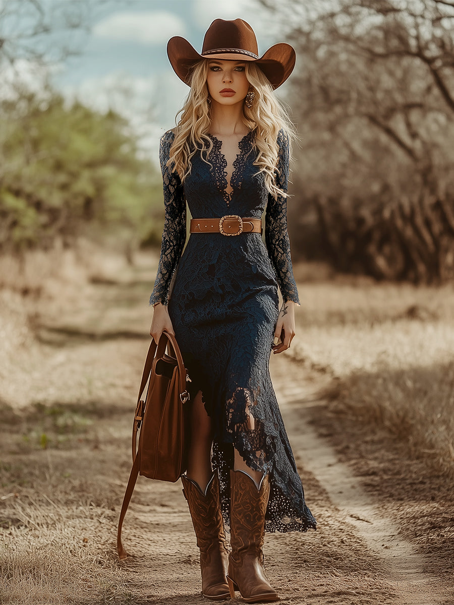 Long-Sleeve V-Neck Lace Midi Dress With Belt