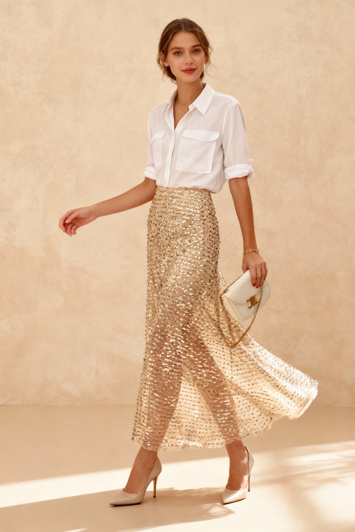 Soft Pleat Sequin Maxi Skirt - Gold