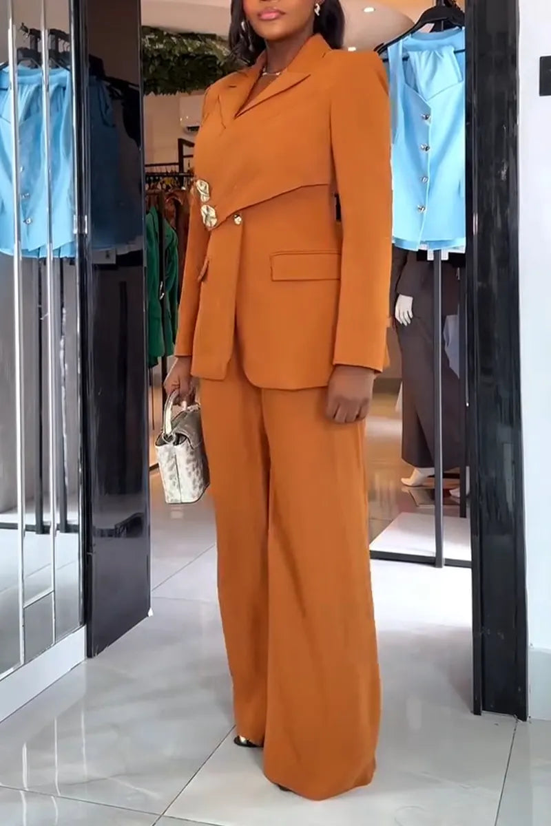 Asymmetric Wrap Blazer and Wide Leg Pants Suit
