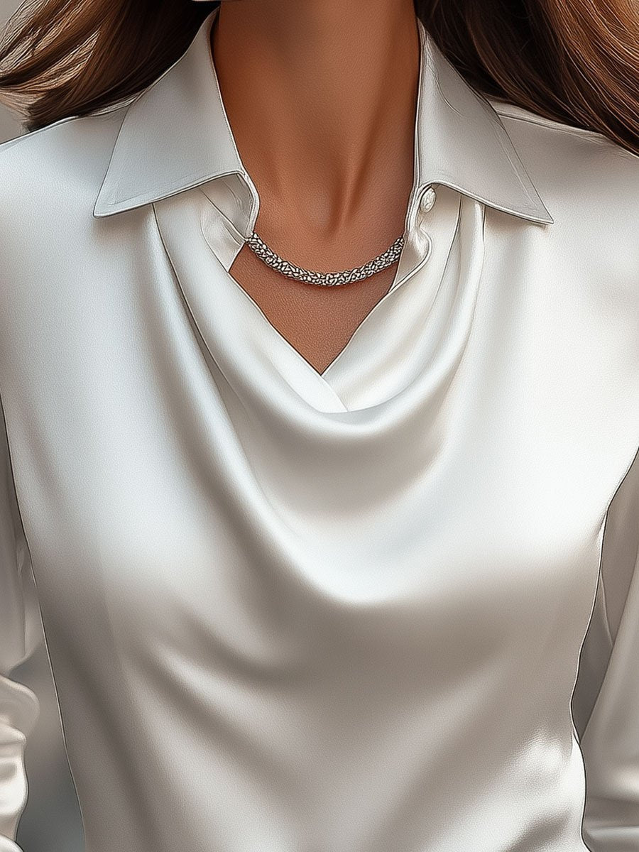 Satin Cowl Neck Long Sleeve Collared Blouse