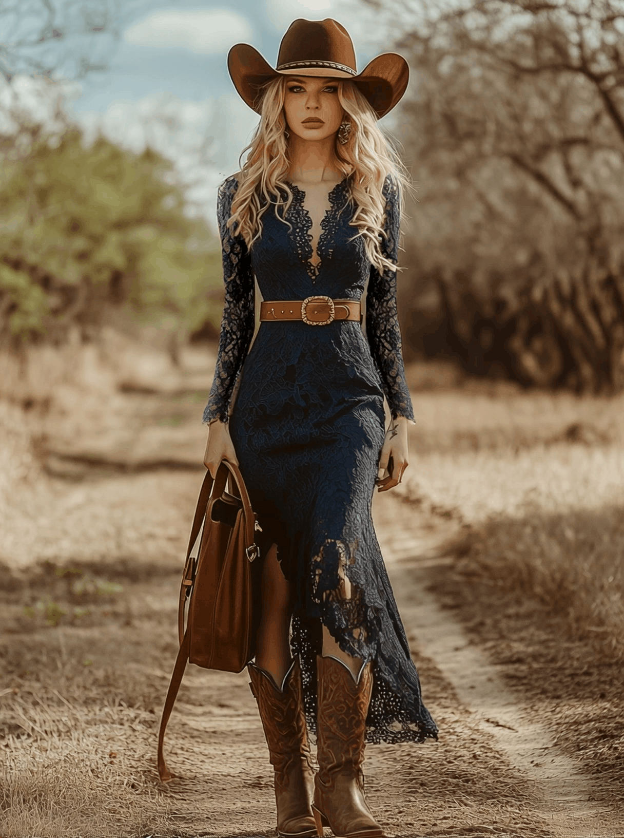 Long-Sleeve V-Neck Lace Midi Dress With Belt