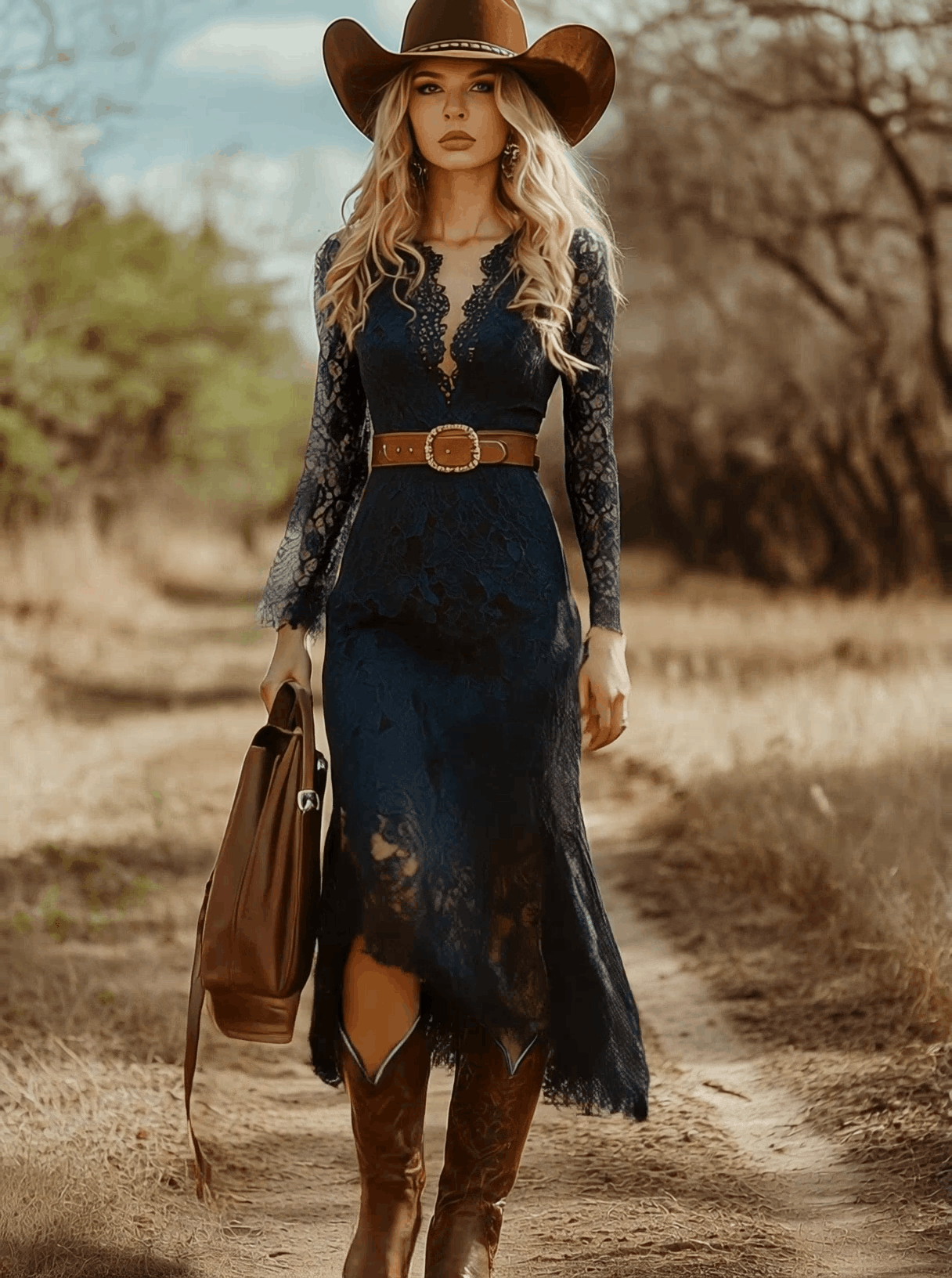 Long-Sleeve V-Neck Lace Midi Dress With Belt