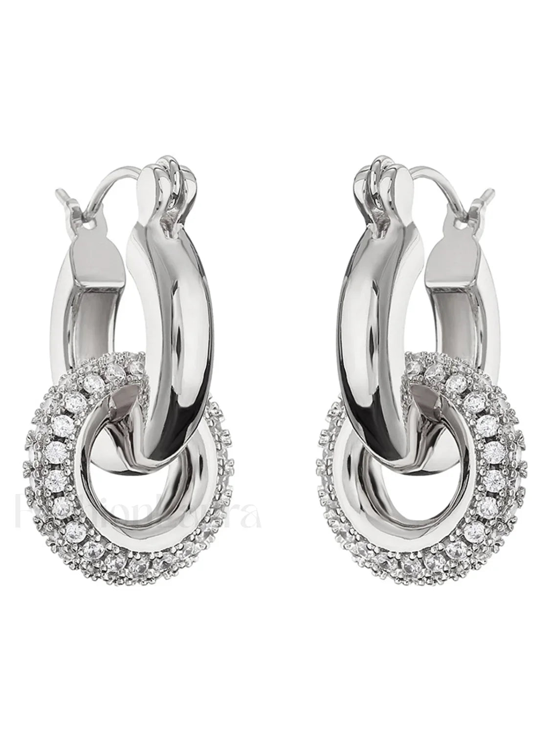 Chunky Polished Double Hoop Earrings With Pave Charm