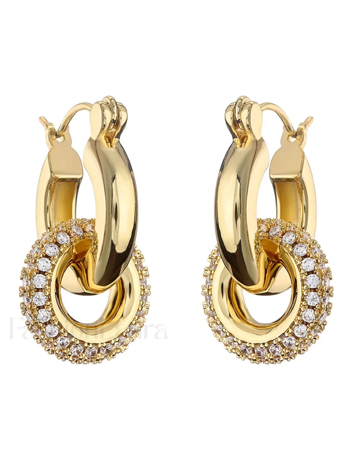 Chunky Polished Double Hoop Earrings With Pave Charm