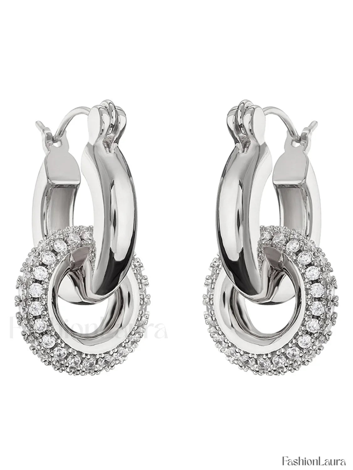 Chunky Polished Double Hoop Earrings With Pave Charm