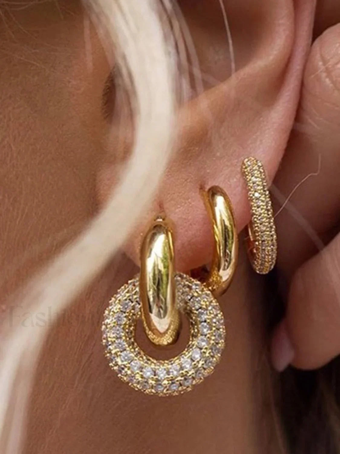 Chunky Polished Double Hoop Earrings With Pave Charm - Gold