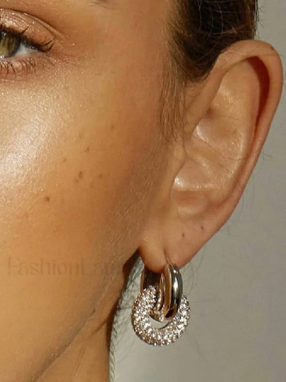 Chunky Polished Double Hoop Earrings With Pave Charm