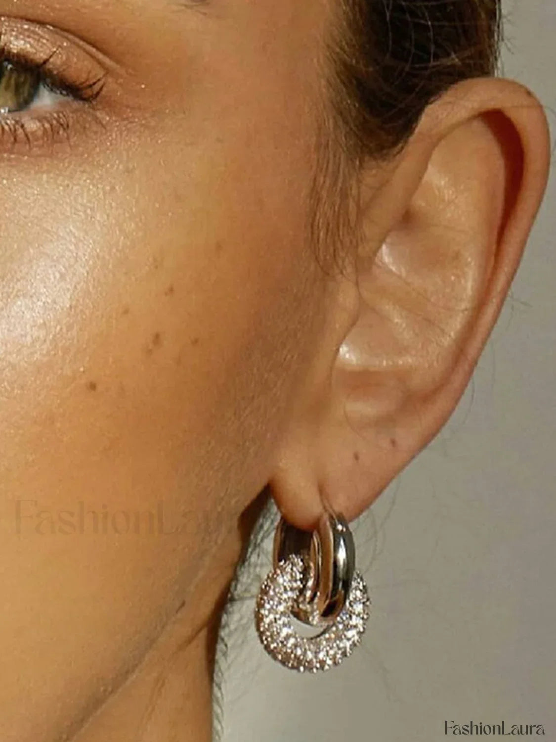 Chunky Polished Double Hoop Earrings With Pave Charm